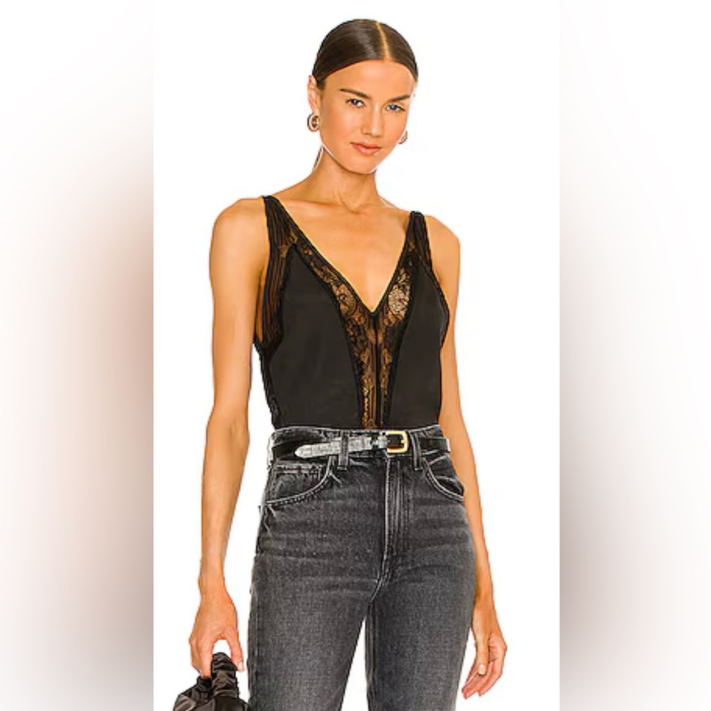 Sharone Lace Satin Bodysuit, Black